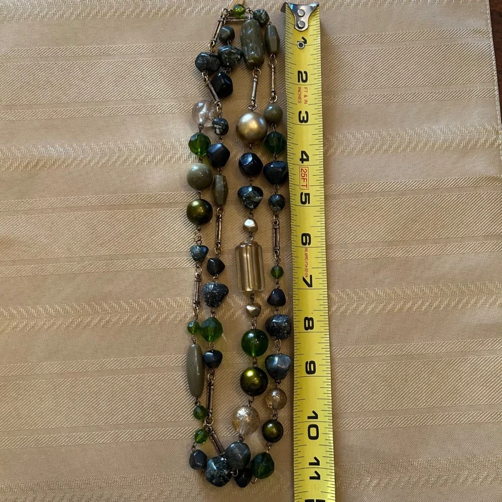 Express Vintage Italy Handmade Long Beaded‎ Necklace 90's Green Gold Earth Tones
